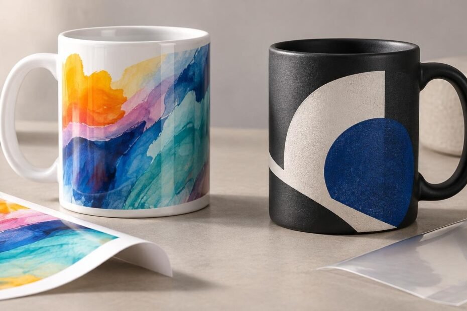 Studio close-up of a glossy white ceramic mug with a colorful watercolor-style print beside a matte black mug with a raised-looking blue-and-cream geometric design, with printed artwork and a clear sheet on a work surface.